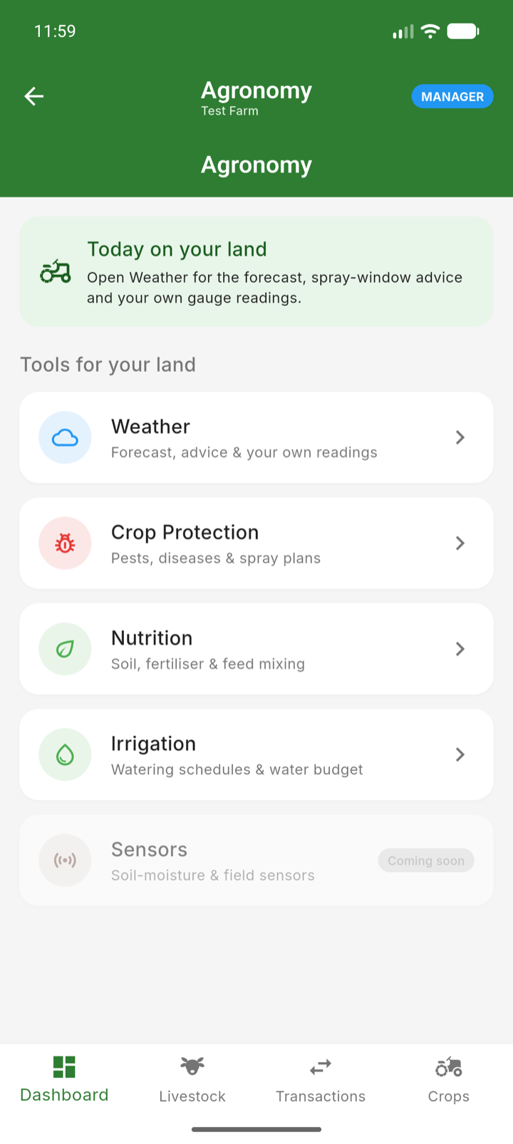 The Agronomy hub with Weather, Crop Protection, Nutrition and Irrigation tools