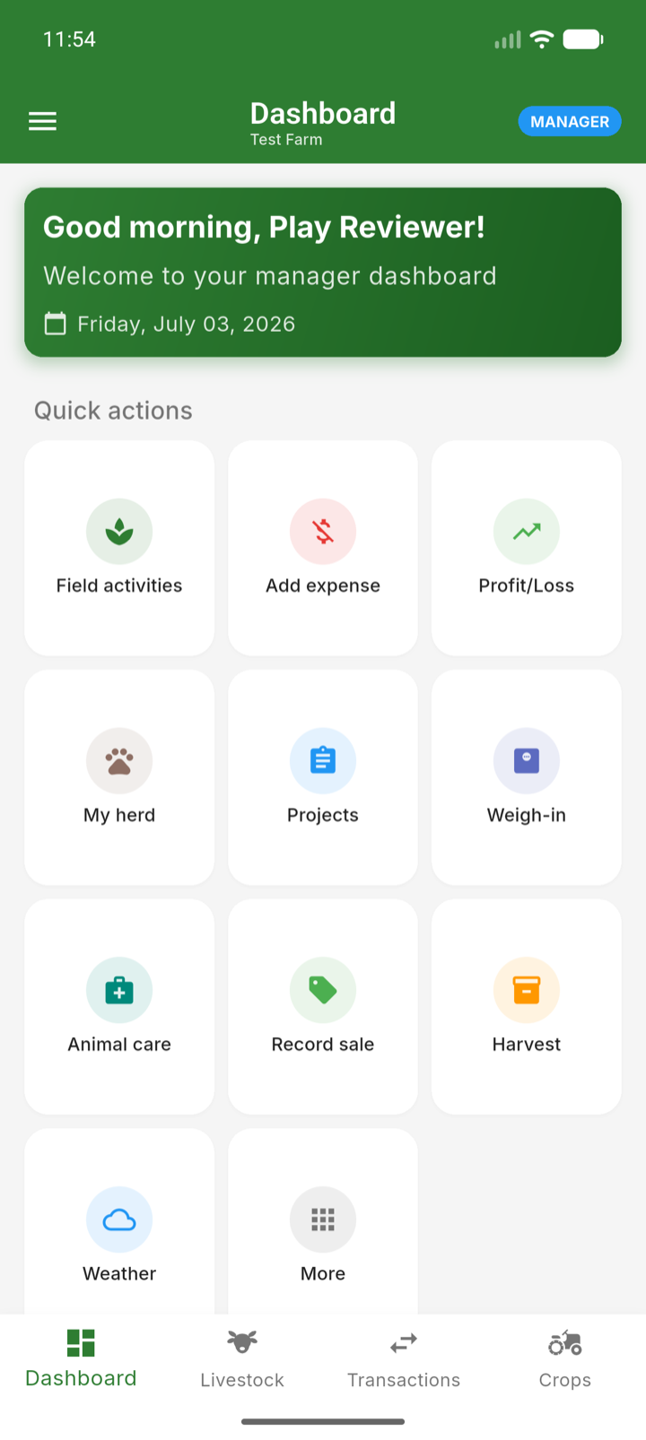 The Hurudza dashboard with greeting card and quick-action tiles