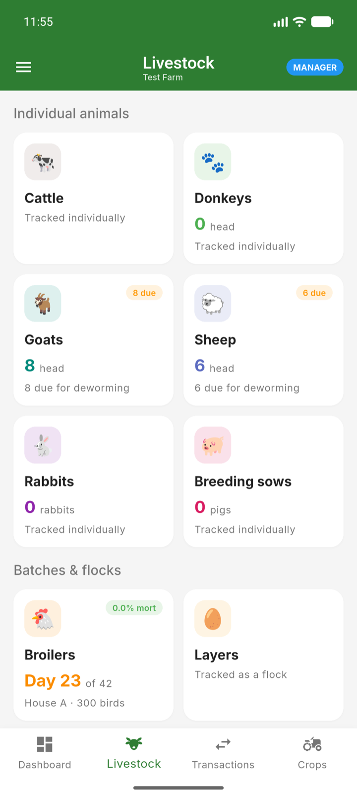 The Livestock hub with cattle, goats, sheep, rabbits, pigs and poultry tiles