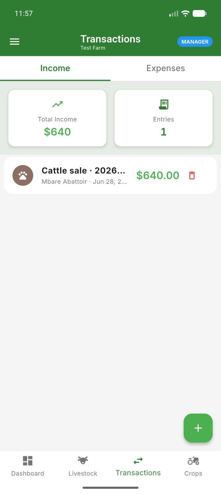 The Transactions screen on the Income tab with a recorded cattle sale